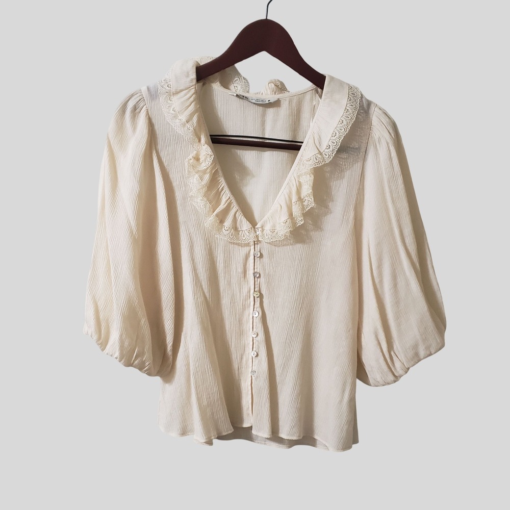 Zara Womens Cream Lace Ruffle V-Neck Button Front Balloon Sleeve Blouse Small - Picture 1 of 12